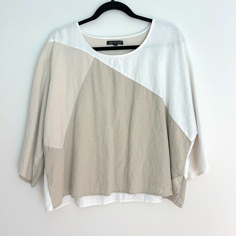 For Cynthia White Tan Linen Neutral Boxy Batwing Sleeve Blouse M